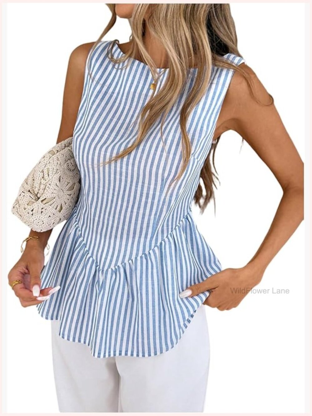 Striped Sleeveless Tank Top with Ruffle Hem Peplum Blouse